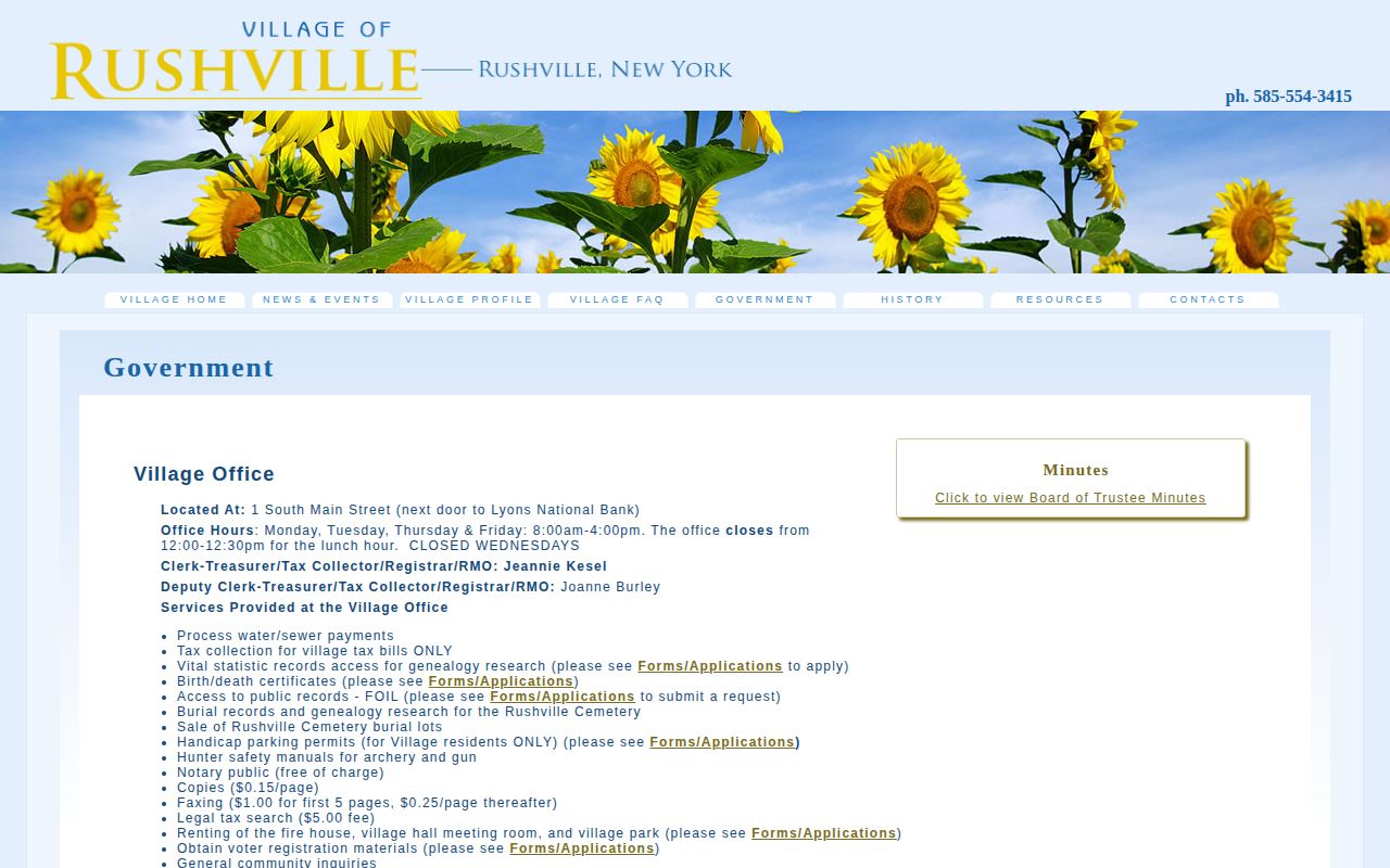 Screenshot of the official Rushville village government page for local municipal records contact information